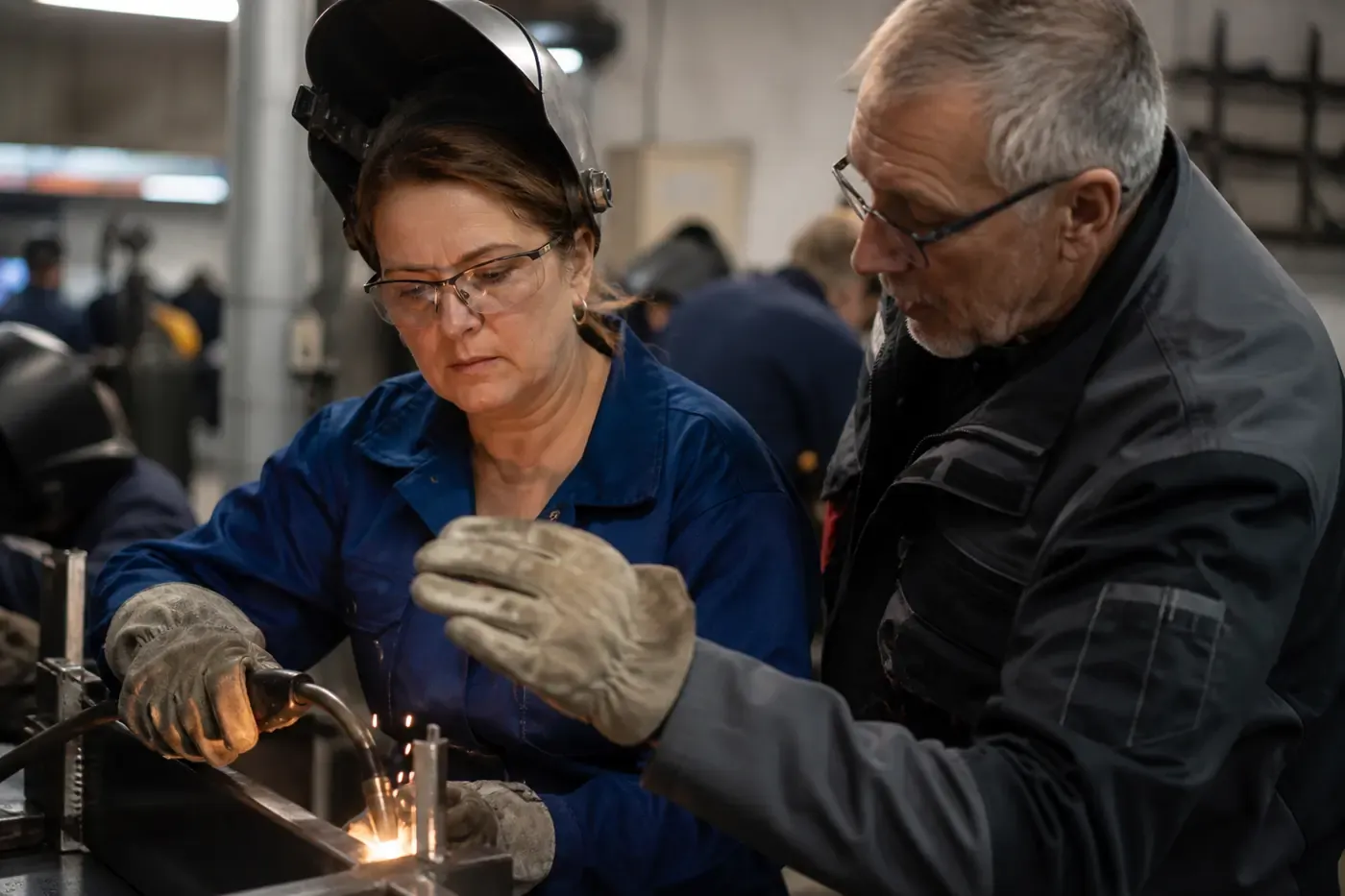 Une femme d’environ 45 ans apprend la soudure, guidée par un formateur expérimenté dans un centre de formation