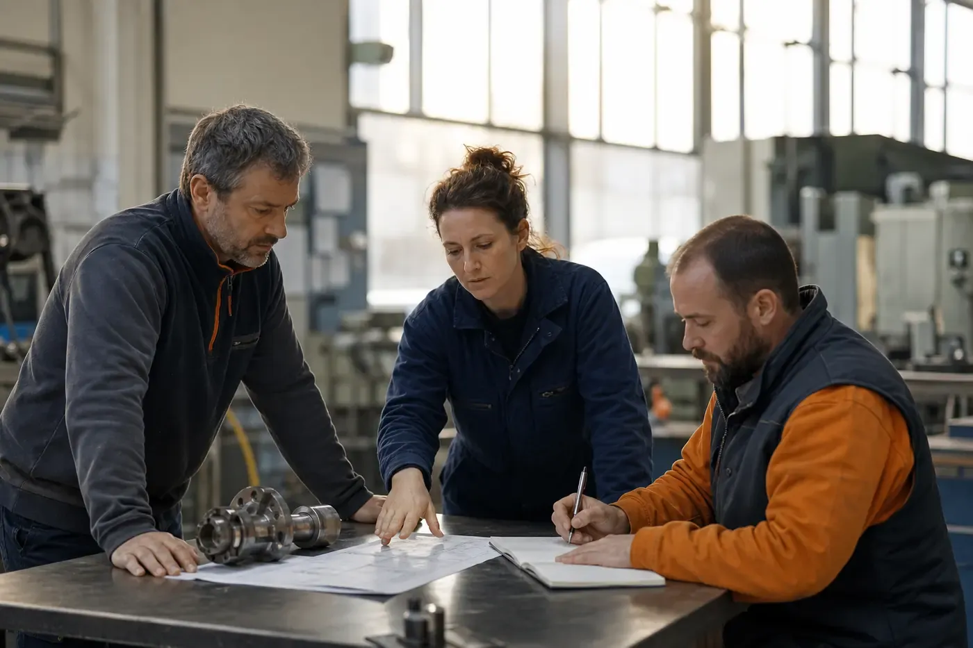 Trois adultes en tenue de travail examinent des plans techniques autour d’un établi dans un atelier de formation
